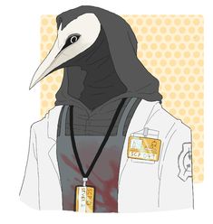 a drawing of a person wearing a bird mask with tags around their necks and neck