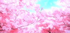 pink flowers are blooming on the branches of trees in front of a blue sky