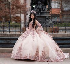 Rose Gold And Gold Quinceanera Dresses, Quincenera Dresses Brown, Blush And Gold Quinceanera Dress, Flower Theme Quinceanera Dresses, Rose Gold Quinceanera Theme Dresses, Rose Gold And White Quinceanera, Gold Pink Quinceanera Dress