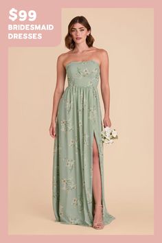 a woman in a strapless dress with flowers on it and the text $ 99 bridesmaid dresses