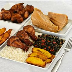 a plate with rice, meat and vegetables on it next to some other food items