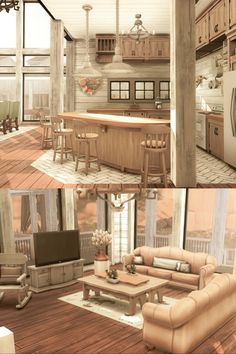 the interior of a kitchen, living room and dining area are shown in three different views