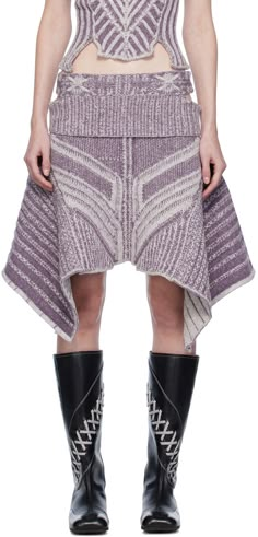 Rib knit merino wool- and nylon-blend skirt. Jacquard graphic pattern throughout. · Cutouts at waistband · Handkerchief hem Supplier color: Snow/Lilac Asymmetric Knit Skirt, Vintage Knitt Skirt, Knit Textile Art, Snow Skirt Pattern, Purple Warrior, Paolina Russo, Asymmetrical Fashion, Modern Blouse Designs, Knit Skirt Outfit