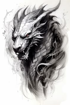 a black and white drawing of a dragon's head with large, sharp teeth