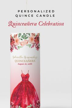 an advertisement for quinceauera celebration featuring a red dress and flowers on it