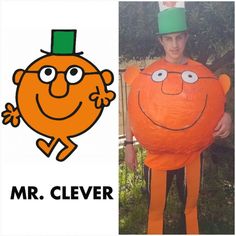 a man wearing an orange costume and green hat with the words mr clever on it