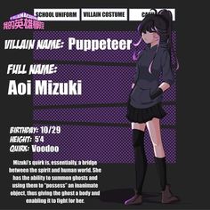 an anime character is standing in front of a purple background with the words villain name poppeter