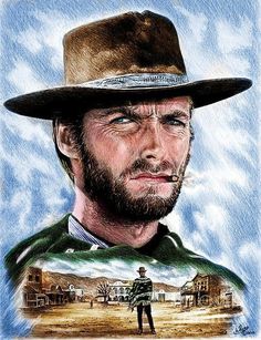 a drawing of a man wearing a cowboy hat and green shirt with buildings in the background