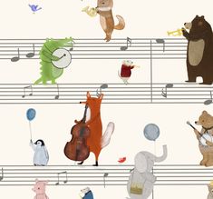 there are many animals playing music on the musical staffs, and one is holding a trumpet