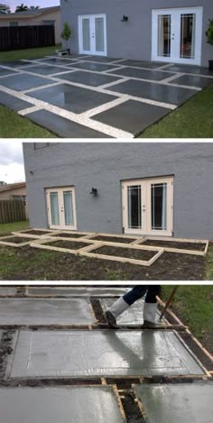 two pictures showing the process of building a house with cement and concrete flooring on it