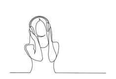 a line drawing of a woman listening to headphones with her hands behind her head