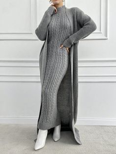 Women's Oversized Solid Color Long Sleeve Cardigan And Sleeveless Stand Collar Maxi Sweater Dress Elegant 2pcs Set, Autumn/Winter Grey Casual    Plain Skirt Medium Stretch  Women Clothing, size features are:Bust: ,Length: ,Sleeve Length: Long Solid Color Sweater Dress For Winter, Non-stretch Long Sweater Dress For Winter, Long Winter Sweater Dress, Casual Fake Two-piece Winter Dress, Casual Fake Two-piece Dresses For Winter, Oversized Solid Color Dresses For Winter, Sleeveless Gray Dress For Winter, Maxi Sweater Dress, Maxi Sweater