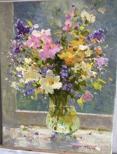 a painting of flowers in a vase on a window sill