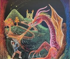 a chalk drawing of a dragon attacking a man in front of a castle on a hill