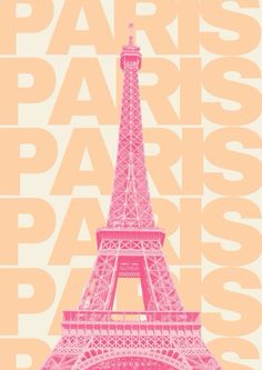 the eiffel tower is shown in pink and yellow colors with words above it