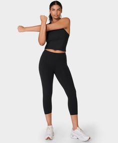 Multi-sport cropped gym leggings designed for every workout. Stretchy fabric with flattering seams to sculpt the bum. Sweat-wicking and quick-drying for all sports. Side pocket and back zip pocket. Inseam length size S: 20" / 50cm. Top of waistband to hem: 27" / 69 cm. Model wears size S and is 175cm/5'7" tall. Style Code: SB4564PColour: Black Sportswear Yoga Pants With Go-dry Technology And Medium Support, Athletic Fit Elastane Leggings For Gym, Sporty Yoga Pants With Go-dry Medium Support, Moisture-wicking Athleisure Capris For Yoga, Athleisure Moisture-wicking Capris For Yoga, Functional Medium Support Workout Leggings, Functional Medium Support Leggings For Workout, 4-way Stretch Capri Yoga Pants For Pilates, Athleisure Capris For Gym, Capri Length