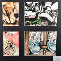 four paintings of shoes are shown in three different frames, each with their own shoelaces