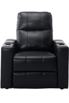 a black leather recliner chair with two ottomans on the bottom and one footrest