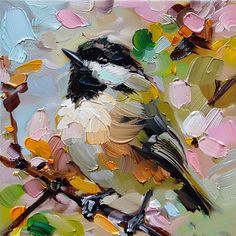 a painting of a bird sitting on a branch