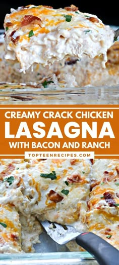 Crack chicken lasagna is a delicious and easy chicken lasagna recipe. Layered noodles, rotisserie chicken, and a blend of cheddar and mozzarella cheese with a creamy sauce made with evaporated milk, cream cheese, and ranch seasoning and topped with smoky crumbled bacon. A flavorful, creamy, and cheesy lasagna that will become a family favorite! Easy Chicken Lasagna, Easy Chicken Lasagna Recipe, Chicken Alfredo Lasagna Recipe, Chicken Lasagna Recipe, Cheesy Lasagna, Recipes Using Rotisserie Chicken, Chicken Lasagna, Cream Cheese Chicken