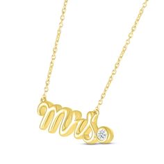 Honor a bride-to-be or blissful newlywed with the elegant sparkle of this necklace. "Mrs." is crafted in a pretty script font styled in 10K yellow gold with a rhodium finish. A bezel-set diamond accent punctuates the design with a touch of sparkle. The word art pendant suspends from an 18-inch cable chain that secures with a spring ring clasp. Wedding Jewelry With Initials In Cubic Zirconia, Gold Cubic Zirconia Jewelry For Bride, Gold Bridal Necklace For Anniversary, Gold Bridal Necklace With Diamond Accents For Anniversary, 14k Gold Name Necklace For Valentine's Wedding, Wedding Jewelry With Diamond Nameplate, Wedding Jewelry With Diamond Accents And Nameplate, Diamond Initial Necklace For Wedding, Elegant Personalized Diamond Necklace For Wedding