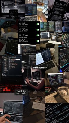 a collage of photos showing different types of computer screens and laptops, all with text on them