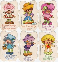 six vintage children's sewing labels with the names of their favorite characters, including two girls and one boy