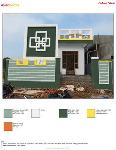 the exterior of a building with yellow and gray paint samples on it, including two different colors