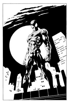 a black and white drawing of spider - man standing in front of a cityscape