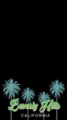 the beverly hills california sign with palm trees in front of it on a black background