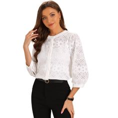 Upgrade your wardrobe with the cute hollow out blouse. With these trendy crochet design and 3/4 sleeve, these tops effortlessly blend casual and elegant styles. Simple and never outdated style. It is perfect wear with pants, jeans or skirts. The crew neck and button closure add to its stylish appeal. Ideal for various occasions including casual outings, work, and dates. The hollow out design adds a unique touch to your outfit. Easy to care for, this blouse can be machine washed with similar colo Lace Tube Top, Trendy Crochet, Elegant Styles, Crochet Design, Crochet Blouse, Puff Sleeve Blouse, Boho Casual, Pants Jeans, Women Lace