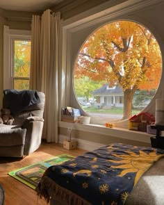 a living room filled with furniture and a large window covered in fall leaves on the outside