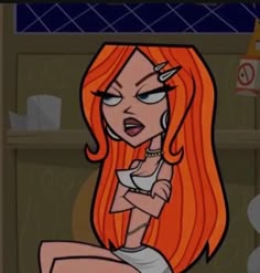 an animated image of a woman with red hair and piercings on her head, sitting in front of a bookshelf