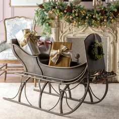 Large Iron Vintage Santa Display Sleigh - Your Western Decor Santa’s Sleigh, Christmas Sleighs, Sleigh Decor, Jeweled Ornaments, Western Candle Holders, Western Candles, Blue Spruce Tree, Sled Decor, French Country Collections