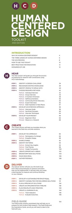 a menu with the words human - centered design in red, white and green colors