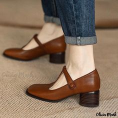 Olivia Mark - Vintage Round Toe Minimalist Small Leather Shoes with Soft Heel Strap Mary Jane Shoes Shoes For Big Calves, Big Calves, Soft Heels, Rough Heels, Square Head, Casual Running Shoes, Pu Heels, Jane Shoes, Mary Jane Shoes