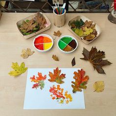 the table is covered with autumn leaves and paints