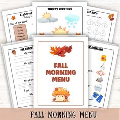 the fall morning menu is shown in four different colors