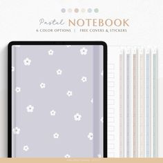 a notebook with flowers on it and the words pastel notebook 6 color options 1 free covers & stickers