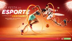 two women are playing with hoops in front of an advertisement for sports centauro