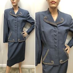 1940’s wool Gabardine Suit by “Fred A. Block” with wide Cut-Steel beading at the jacket collar & pockets. Shoulder pads, metal zipper in skirt, jacket lined in rayon crepe, skirt has partial lining. Measures jacket Chest-34”, waist-26”, shoulder seam to seam-15 1/2”, length rear collar seam to hem-23 3/8�”, sleeve-23 1/2”. Skirt waist-25”, hip-35” (minimum 5” seam allowance to let out), length-26 1/4”. There’s 2 1/2” to let down at skirt if needed. One tiny moth hole at lower skirt which is conce 1940s Skirt, 1940s Suit, Jacket Collar, Crepe Skirt, Womens Suits, Seam Allowance, Beaded Jacket, Let Down, Clothing Manufacturer