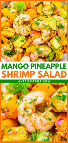 mango pineapple shrimp salad with avocado and cilantro on the side