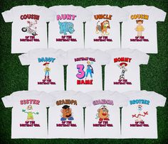 children's personalized t - shirts with cartoon characters are displayed on the grass