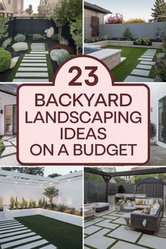 Collage of budget-friendly backyard landscaping ideas with artificial grass, stepping stones, and cozy seating areas. Landscape Fabric, Garden Trellis, Climbing Plants, Decorative Elements