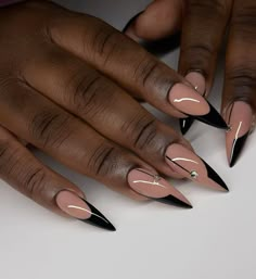 Gel X Black French Tip, French Manicure With Black Tips, Nude And Black Nail Designs, All Black Nails, Short Almond Shaped Nails, Almond Acrylic Nails Designs, Acrylic Nails Almond Shape