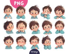 various facial expressions for a boy with brown hair and blue shirt, on white background