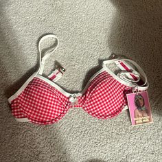 Brand New Strawberry Milk Mob Bikini Top Size Didn’t Fit, Never Worn Red Gingham With Small Bow “Ranch Water Top” Gingham Swimsuit Bikinis, Retro Red Triangle Top Swimwear, Red Padded Swimwear For Summer, Fitted Red Swimwear With Padded Cups, Obx Vibes, Ranch Water, Dream Boutique, Gingham Swimsuit, Swimsuit Bikinis