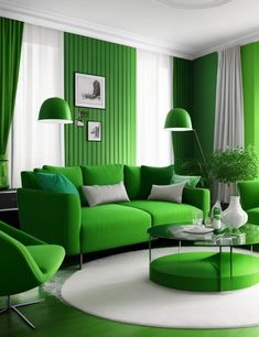 a living room with green walls and white rugs on the floor in front of a round coffee table