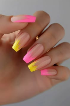 Looking for yellow nail inspo? We've gathered over 30 beautiful yellow nails ideas on our blog that are perfect for this spring and summer. From the chic neon pink and yellow nails you see here to pretty pastel shades, these looks will have you feeling totally cute. Check out all the gorgeous ideas now or save this pin for later! Pink And Neon Nails, Nails Gel X Designs, Gorgeous Nails Spring, Pink And Yellow Square Nails, Yellow Pink Nails Design, Pink And Yellow Summer Nails, Summer Nails Yellow And Pink, French Nail Designs Summer, Pink N Yellow Nails