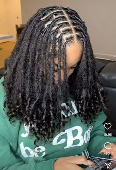 Short Locs Protective Styles, Locs W Curly Ends, Rectangle Part Locs, Loose Curl Locs, Dreadlocks With Curly Ends, Locs And Curly Hair, Pink Skunk Stripe Locs, Long Locs With Curls, Long Locs With Curly Ends